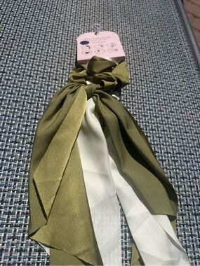 Essentials Olive and White Satin Bow Scrunchie with Long Tails